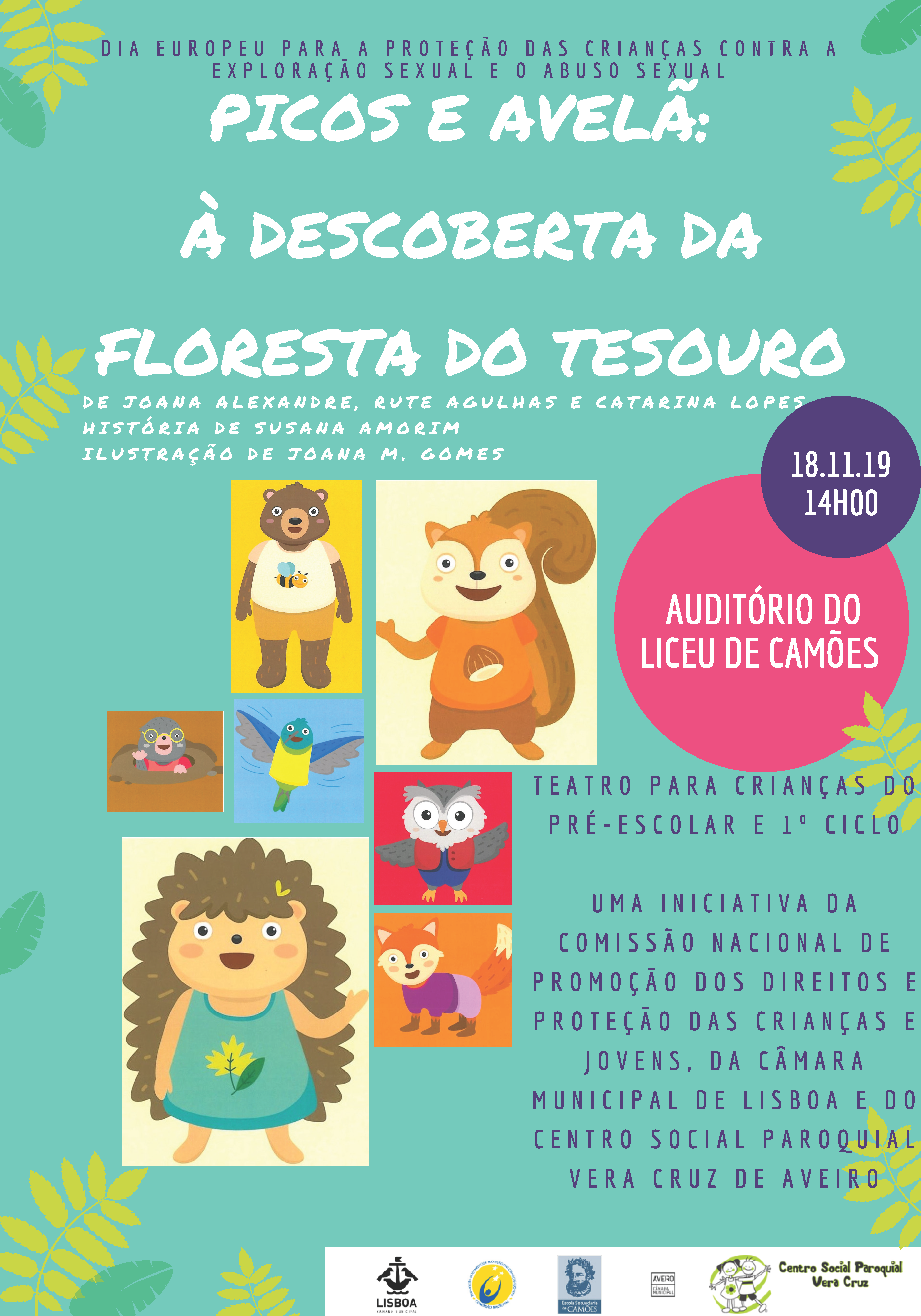 cartaz da peça de teatro picos e avelãs com o desenho de um ouriço e de um esquilo