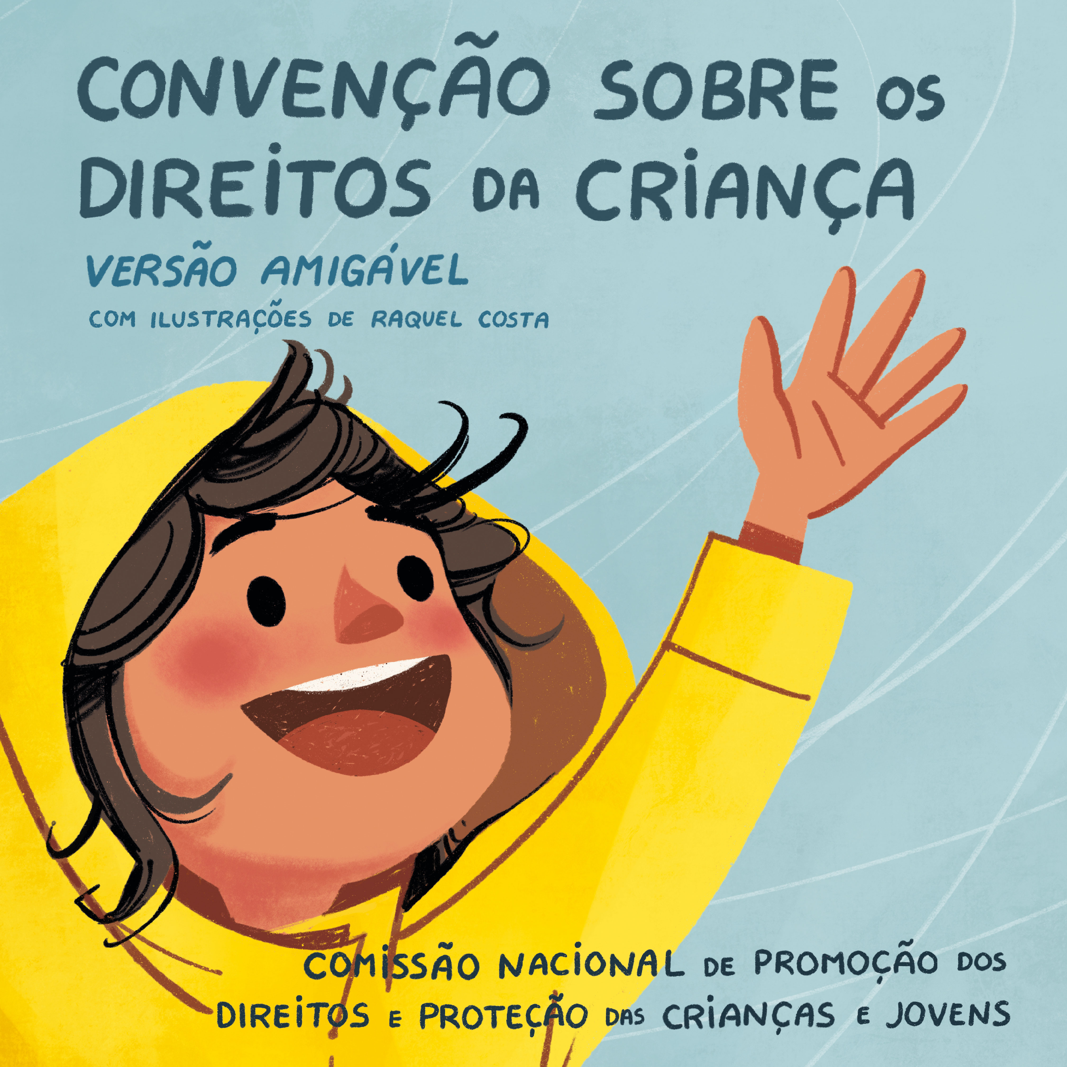 capa da convenção ilustrada e inclusiva com o desenho de uma menina sorridente vestida com um impermeável amarelo, sob um fundo azul