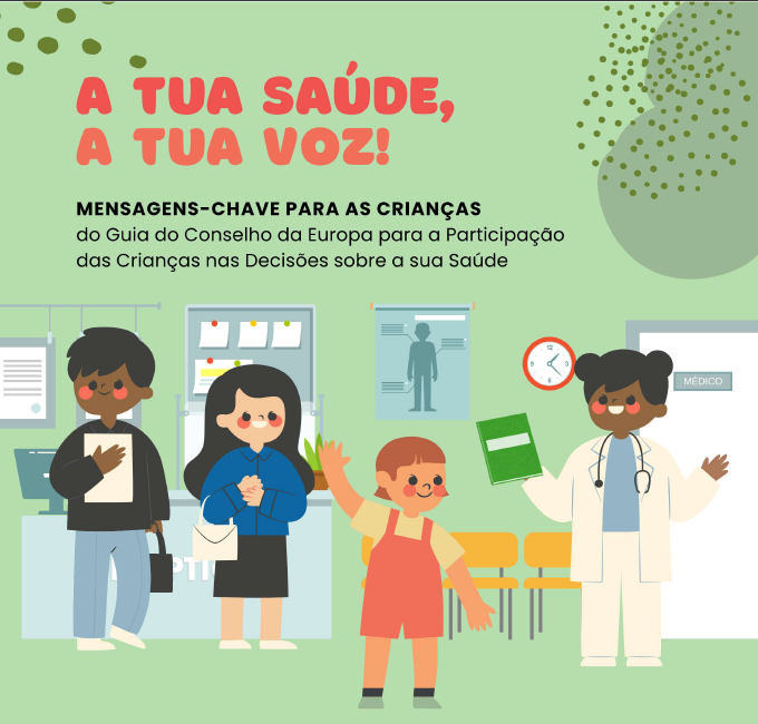 Imagem da capa do Guia em tons verdes e com desenhos a representar criança no médico com os seus pais